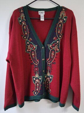 Vintage Koret Red Paisley Cardigan L Wool Blend Christmas Sweater Holiday